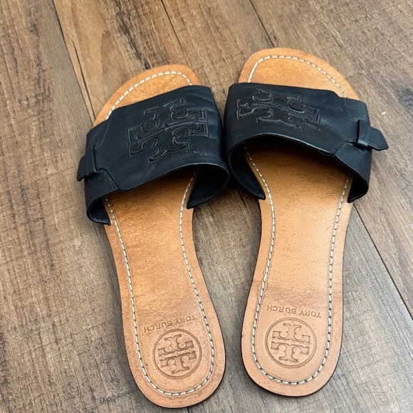 Tory Burch Black Leather Slide Sandals with Tan Footbed - Picture 6 of 13